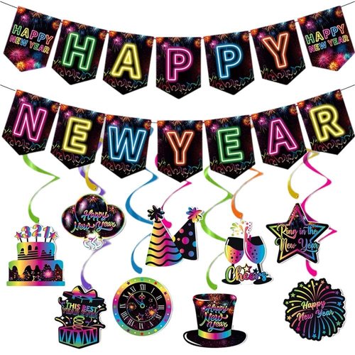 Qpout Happy New Year Decorations 2025 Colorful Happy New Year Banner & Ceiling Hanging Swirls Perfect for New Years Eve Party Supplies 2025