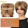 QUEENTAS Short Wigs for Women Short Hair Wigs for Women Brown Pixie Cut Wig for Women Synthetic Hair Wigs with Bangs Daily or Cosplay (Toffee Brown Mixed Golden Blonde)