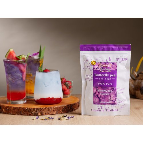 Hida Beauty Dried Butterfly pea flower tea 30 Tea bags Herbal Blue Natural Pure colors for drinks hot cool purple violet funness party food bakery pasta cocktail rice