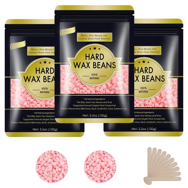 Keethem Wax Beads for Hair Removal, 10.5oz Hard Wax Beans Coarse Hair Waxing Beads for Face, Eyebrow, Bikini Brazilian for Women Men with 10 Applicators (3 pink)