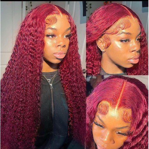 ZHUO JIA Glueless lace front Wigs Human Hair Pre Plucked 26 Inch Deep Wave Lace Front Wigs Human Hair 99j Burgundy 13x4 HD Lace Front Wigs Human Hair 180% Density Human Hair (26 Inch)