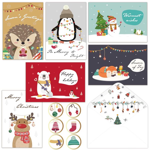 BGTCARDS Christmas Cards - 36 Merry Christmas Greeting Cards with Envelopes - 6 Assorted Designs Boxed for Easy Storage - Bulk Greeting and New Years Cards - 4" x 6"