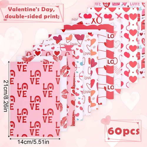 60pcs Valentine's Day Pattern Papers, 12 Design Heart Pink Paper Double-Sided Decorative Paper Folded Flat Craft Paper for DIY Art Craft Card Making Scrapbook Photo Album Decor 5.5x8.3 Inch