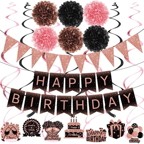 38Pcs Rose Gold Birthday Party Decorations Rose Gold and Black Happy Birthday Banner with Paper Pompoms Glitter Triangle Bunting Banner Hanging Swirls Kit for Women Birthday Anniversary Party Supplies