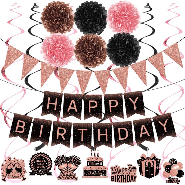 38Pcs Rose Gold Birthday Party Decorations Rose Gold and Black Happy Birthday Banner with Paper Pompoms Glitter Triangle Bunting Banner Hanging Swirls Kit for Women Birthday Anniversary Party Supplies