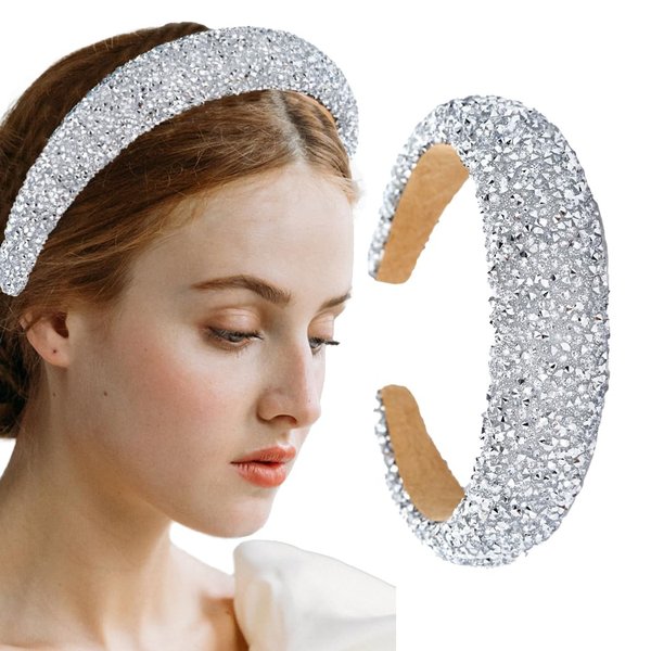Sinalty Rhinestone Wide Headbands Bling Crystal Beaded Headband Blue Padded Hairbands Handmade Fashionable Bling Prom Hair Accessories for Women (Silver)