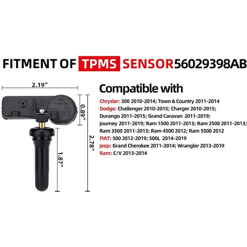 56029398AB 433MHz Tire Pressure Monitoring System(TPMS) Sensor Compatible with Jeep Grand Cherokee Wrangler Dodge Charger Challenger Journey Chrysler Town Country FIAT 500 Ram 1500 2500 3500 4500 5500