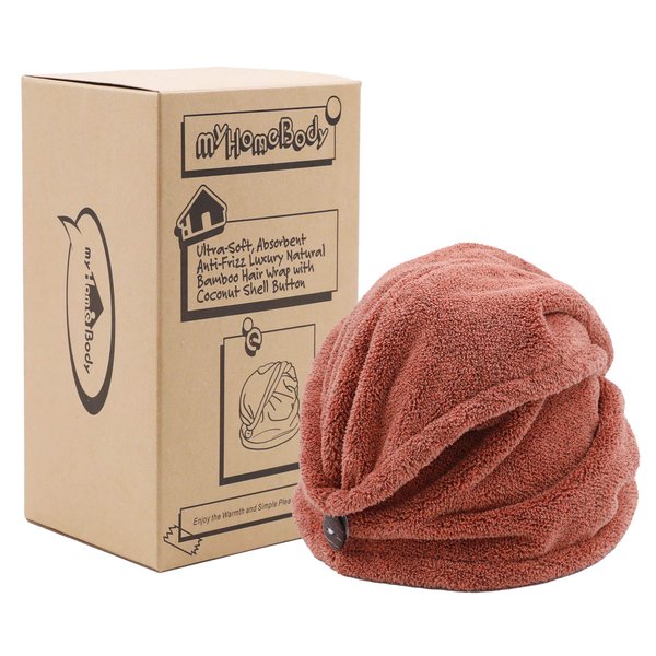 myHomeBody Hair Towel Wrap | Luxury Rapid-Dry Hair-Drying Turban | Ultra Soft and Quick Drying Absorbent Charcoal Fiber, with Coconut Shell Button – Cinnamon