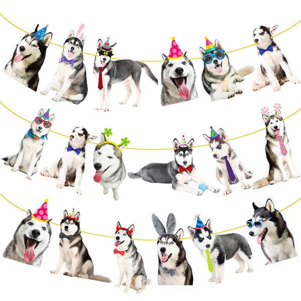 Husky Party Banner Husky Birthday Party Decorations 3Pcs Dog Birthday Banners Husky Party Cutout Banner Siberian Husky Dog Party Supplies for Alaska Husky Dog Party Decor