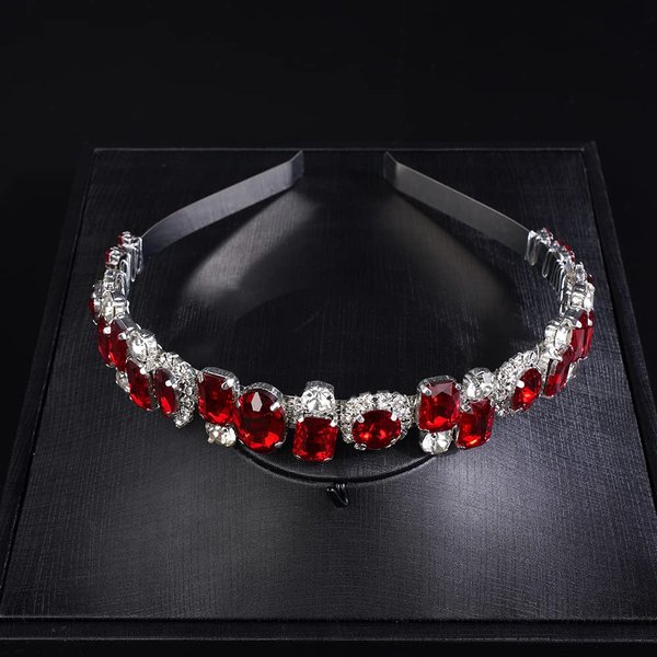 JWICOS Rhinestone Bridal Headband Silver Wedding Tiara for Brides Headpiece Crystal Wedding Hair Accessories for Prom Party (Red)