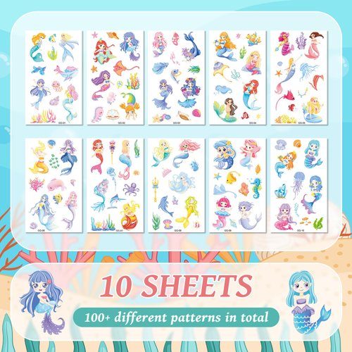 EMOME 100+ Styles Mermaid Temporary Tattoos for Kids Girls, Mermaid Tattoos for Birthday Party Decorations Favors Supplies, Ocean Themed Party Decorations for Mermaid Games Activities (10 Sheets)