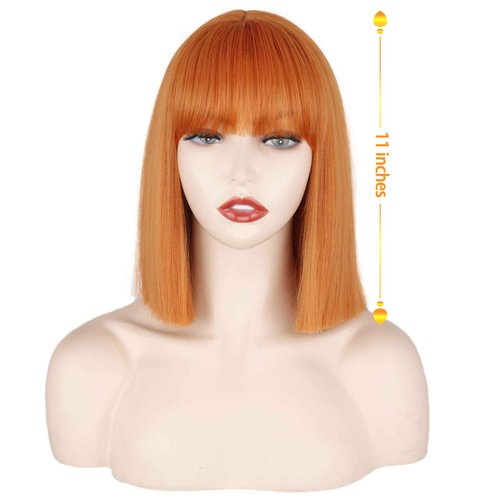 MERISIHAIR Short Orange Bob Wig with Bangs,Straight Bob Orange Wigs for Women,Cosplay Colorful Orange Bangs High Temperature Heat Resistant Wigs for Women(Orange)