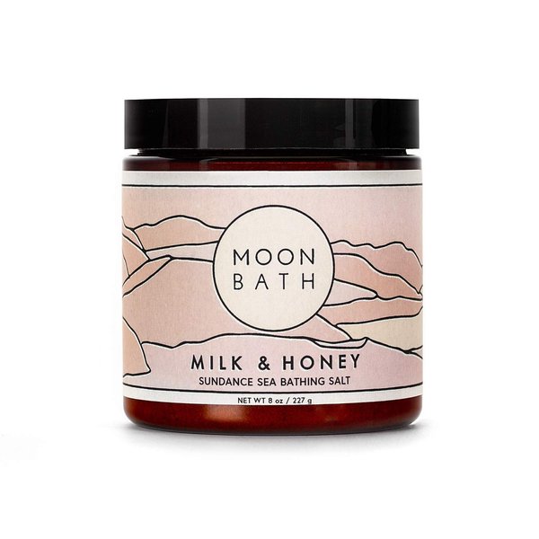 Moon Bath Milk + Honey Sundance Sea Bath Salts | Exfoliating Body Scrub & Bath Soak w/Frankincense, Bergamot & Lavender Essential Oil. Relax, Soothe Muscles, Detox | Organic Body Care, 8 oz.