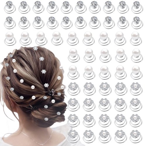 60 PCS 3 Shapes Gems Rhinestone Twister Hair Studs Set Diamond Spiral Pearl Flower Jewels Hair Pins Sticks for Wedding, Bridal, Prom, Party and Special Occasion (Diamond&Pearl&Flower)