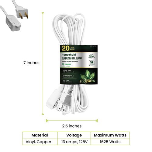 GoGreen Power (GG-24720) 16/2 20’ Household Extension Cord, 3 Outlets, White, 20 Ft