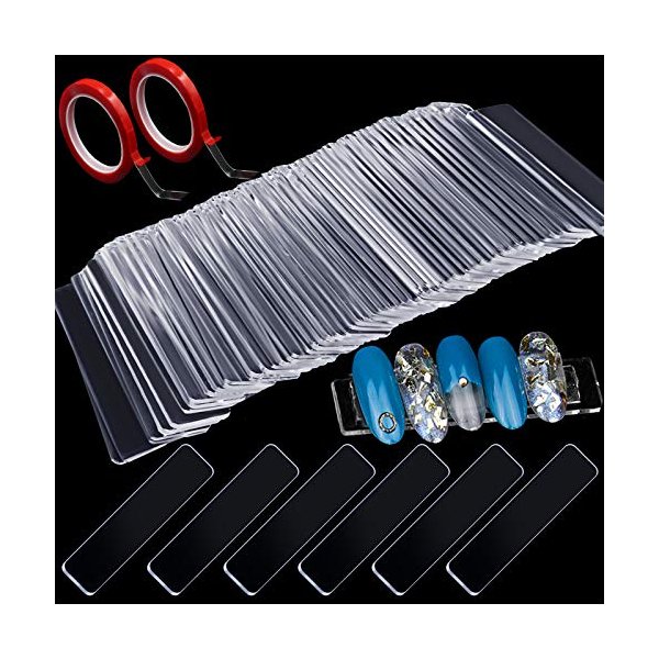 100PCS Transparent Nail Art Display Stand,With 2 Rolls Double-Sided Tape For Practicing,Acrylic Nail Tips Display Strips,Fake Nails Art Tips Practice Holder For Salon Home Nail Accessory Office Decor