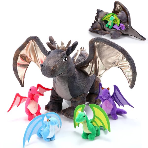 HyDren 5 Pcs Dragon Plush Stuffed Animal 16 Inch Giant Mommy Dragon Plush with 4 Pcs Babies Dragons in Zippered Belly for Kids Birthday Children's Day Gifts Dragon Plush Toy Classroom Prizes