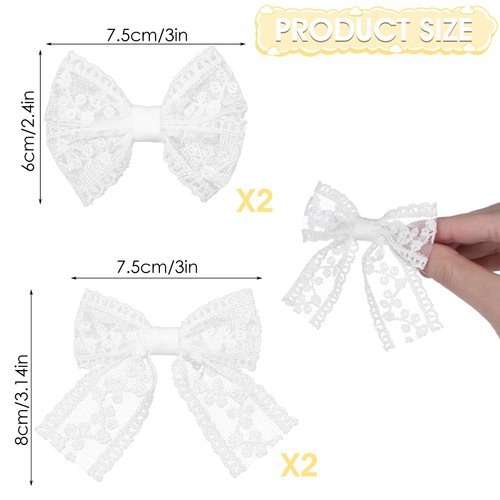4Pcs White Hair Bows for Women, Small White Lace Bows Ribbon Hair Clip, Cute Lace Bow Alligator Clips, Bowknot Hairpin Barrettes for Bridal Flower Girls Communion Baptism Wedding Hair Accessories