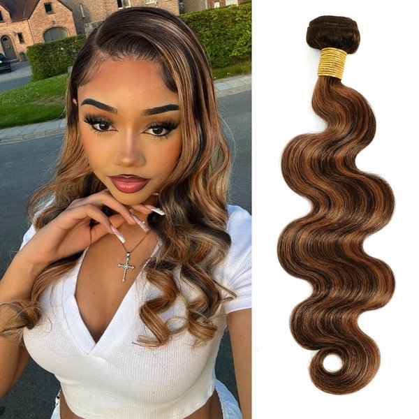 MOMOSHERO Brown Highlight Body Wave Bundles Human Hair, 10A Soft and Glossy Blonde Balayage Ombre Human Hair Bundles 100% Remy Hair Single Ombre Human Hair Bundle #1b/30 Piano Color Dark Root 10 Inch