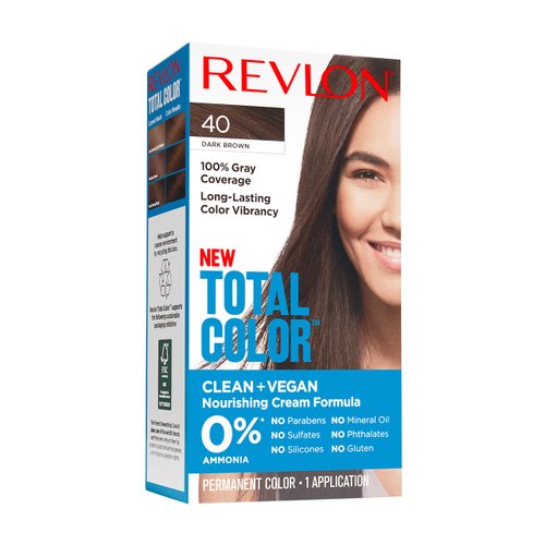 Revlon Permanent Hair Color, Permanent Hair Dye, Total Color with 100% Gray Coverage, Clean & Vegan, 40 Dark Brown, 3.5 Oz