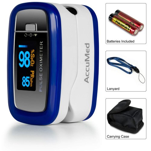 AccuMed CMS-50D1 Fingertip Pulse Oximeter Blood Oxygen Sensor SpO2 for Sports and Aviation. Portable and Lightweight with LED Display, 2 AAA Batteries, Lanyard and Travel Case (Blue)