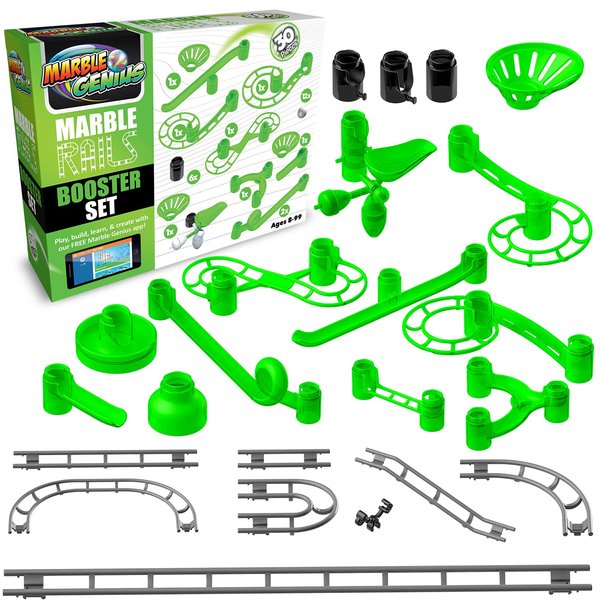 Marble Genius Marble Rails Booster Set: 30 Piece Marble Run (includes 12 Plastic Marbles), Add-Ons for Marble Rails Building Sets, with Online App and Full-Color Instructions, Ages 8 and Up