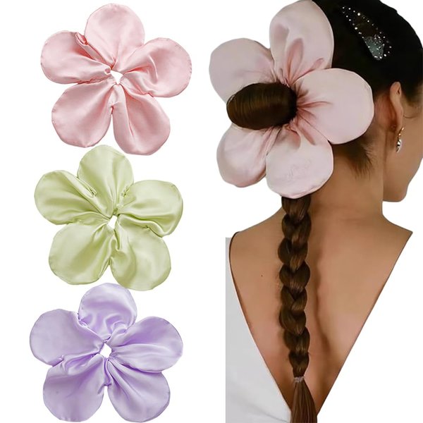Cute Big Flower Hair Scrunchies for women, Floral Hair Ties Flower Hair bands Scrunchies Ponytail Holders Floral Headbands Accessories for Girls (Pink Green Purple)