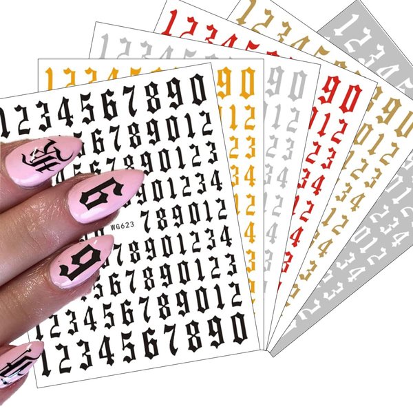 Number Nail Art Stickers, Luxury 3D Laser Nail Decals Self Adhesive Nail Art Stickers for Women Girl Nail Decorations 6 Sheets