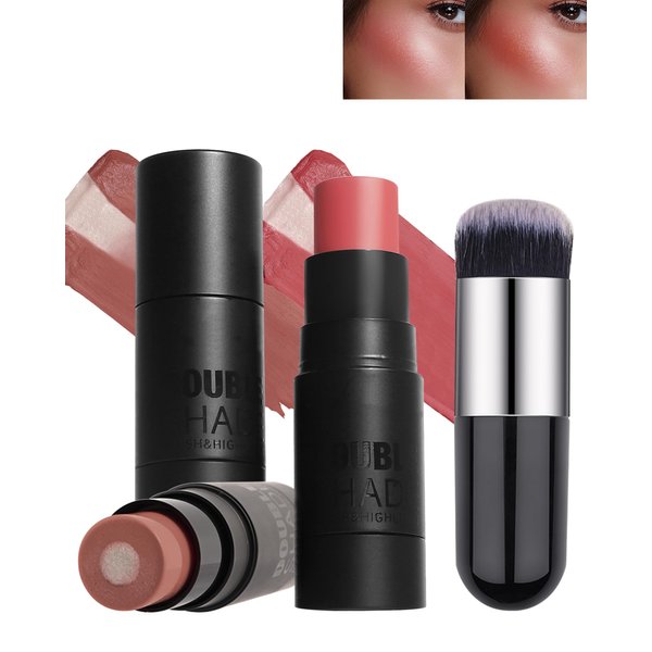 Cream Blush Stick for Cheeks-2Pcs Multi-Use Sandwich Makeup Blush Stick for Eyes Lips Face,Longlasting Tinted Solid Moisturizer Matte Blush, Natural Glow Blendable Smooth Blusher with Brush-03+05