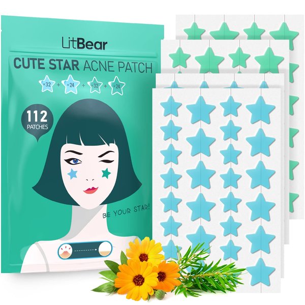 Star-Shaped Pimple Patch Hydrocolloid Acne Stickers with Tea Tree Oil + Salicylic Acid, Cover Dot for Acne Blemish, Pimples, Whiteheads, Zit, Draw out Oil & Impurities, 112 Dots, 14mm & 10mm