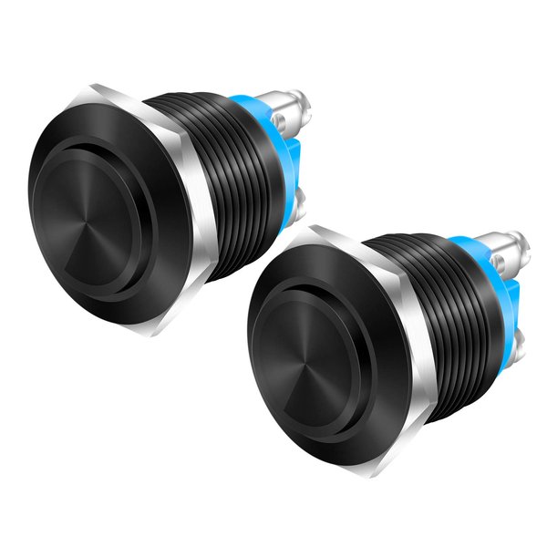 DaierTek 12V Momentary Horn Push Button Switch Black Metal Waterproof 19mm Round Starter Power Switch for RV Truck Boat Marine - 2pcs