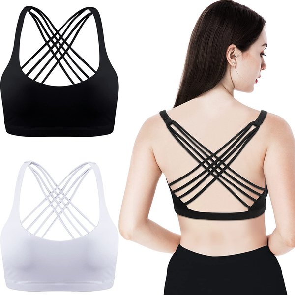 2 Pack Women Padded Sports Bra Cross Back Racerback Bra Workout Strappy Sexy Bra Seamless Comfortable Yoga Bra(Black and White, Small)