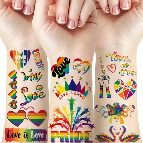 Rainbow Temporary Tattoos Pride Day Fake Tattoos Adult Women Rainbow Flags Hearts Love Flowers Ribbons Colorful Tattoo Kit Gay LGBTQ Pride Day Parade Party Makeup Body Face Decor Supplies 10 Sheets