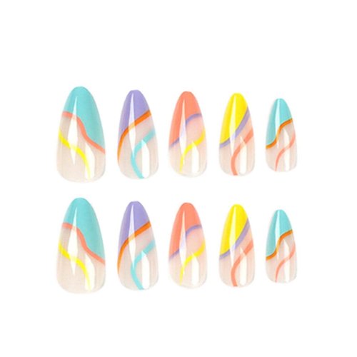 Hkanlre Almond Press on Nails Medium Swirl Fake Nails Acrylic Cute False Nails Full Cover Glossy Nails for Women and Girls 24PCS