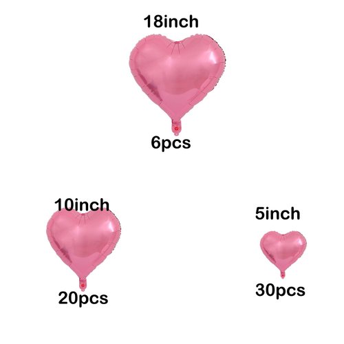 56Pcs Heart Balloon 6Pcs 18inch 20Pcs 10inch 30Pcs 5inch Pink Heart Foil Balloon for Wedding Bridal Shower Anniversary Valentines Day Engagement Marriage Graduation Party Decorations Supplies