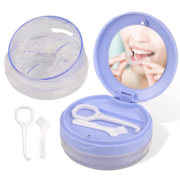 Denture Case, Leak Proof Denture Bath Case Cup Kit for Travel Cleaning, Denture Holder Box Bath Soaking Container for Women & Men with Mirror, Strainer, Removal Tool and Denture Brush(Pink)