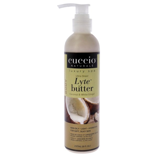 Cuccio Naturale Lyte Ultra-Sheer Body Butter - Replenishing Scented Moisturizer Cream - Deep Hydration To Repair Dry Skin - All Natural, Cruelty-Free Formula - Coconut And White Ginger - 8 Oz