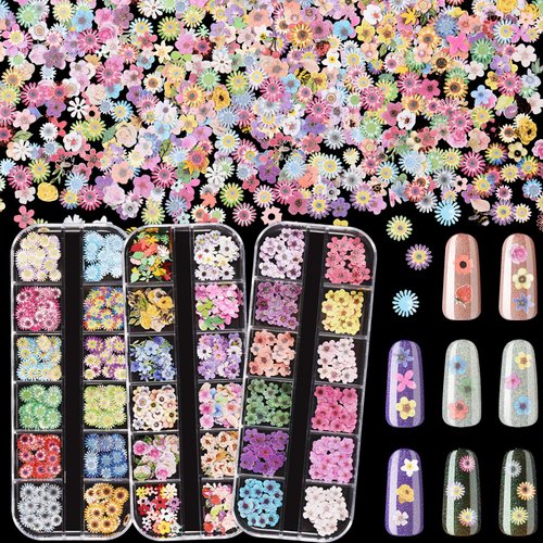 Maitys 3 Boxes 1080Pcs 3D Flowers for Nails Decals(Not Self Adhesive or Stickers)colorful Flower Nail Flakes Mixed Flower Leaves Design Slice Flower Wood Pulp Nail Sequins for DIY Manicures Decoration