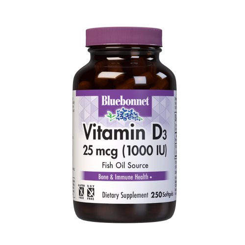 Bluebonnet Nutrition Vitamin D3 1000 IU Softgels, Aids in Muscle and Skeletal Growth, Cholecalciferol from Fish Oil, Non GMO, Gluten Free, Soy Free, Dairy Free, 250 Softgels
