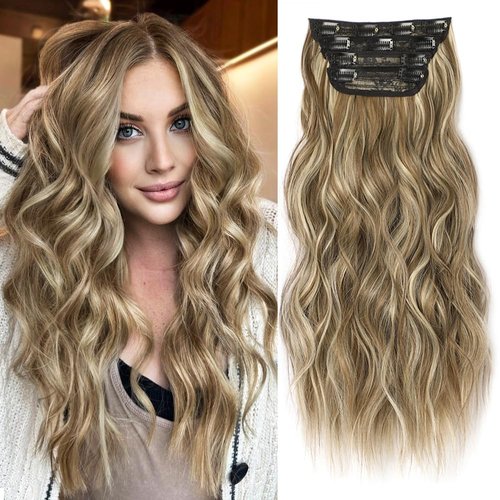 ALXNAN Clip in Hair Extensions for Women,Medium Brown Ash Blonde Long Wavy Hair Extensions Clip Ins 4PCS 20 Inch Synthetic Soft and Natural Thick Hair Pieces for Women