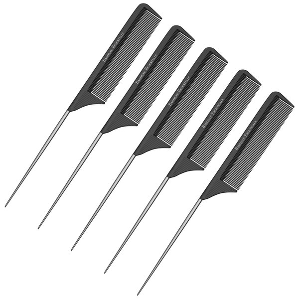 Bardeau Essentials, Professional 8.8 Inch Tail Comb (5 Pack) - Black Carbon Fiber And Stainless Steel Pintail - Chemical And Heat Resistant Teasing Comb - Lightweight Rat Tail Comb For All Hair Types
