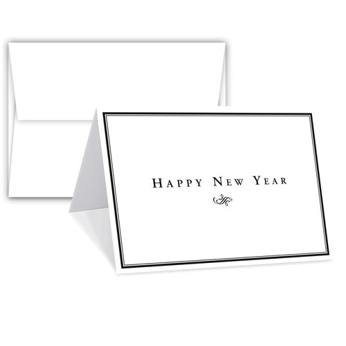 "Happy New Year" Greeting Cards and Envelopes, Minimalist Border Christmas, Xmas, New Year Greetings, Invitations, Thank You's, Small Business, Gift and Presents – 25 per Pack – 5" x 7" (A7 Size)