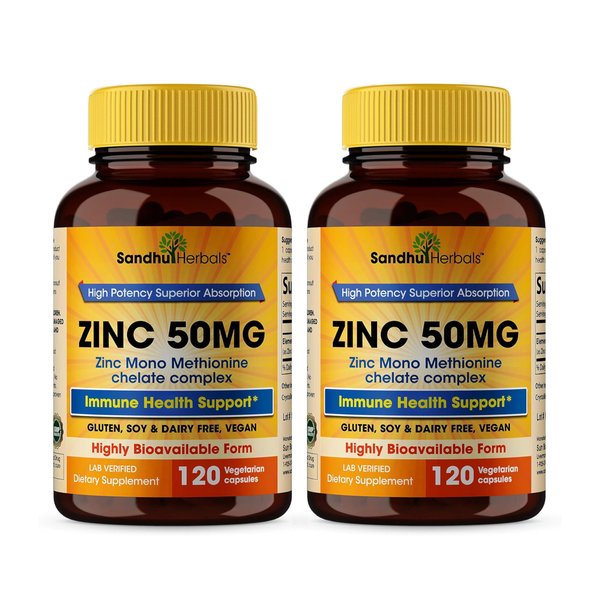 Sandhu Herbals Zinc 50 mg Supplement| Made in The USA| 120 Caps- Pack of 2| Highly Absorbable|Healthy Skin, Immune System & Antioxidant Support|**