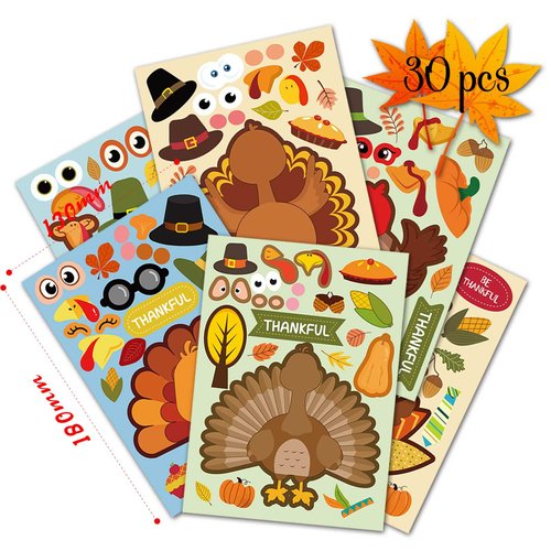 30 Sheet Turkey Stickers Thanksgiving Stickers for Kids,Reusable Thanksgiving Party Favors Supplies Stickers for Kids Turkey Games Crafts Stickers Autumn Fall Harvest Thanksgiving Decorations