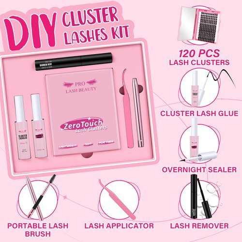 DIY Lash Extension Kit Cluster Lashes Kit with 120 Pcs Lash Clusters Lash Bond Overnighter Remover Eyelash Applicator Beginner DIY Lashes Kit Easy to Use(DIY Lash Kit-Flutter)