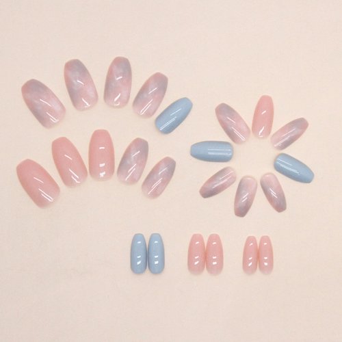Coffin Press on Nails Short Fake Nails with Marble Designs Acrylic Nails Press ons Glossy Glue on Nails Light Blue Full Cover Artificial Stick on Nails for Women 24Pcs