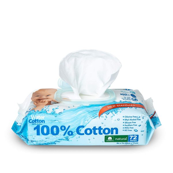 Water Cotton Baby Wipes 100% Biodegradable Sensitive Baby Safe Sweet Almond Oil Panthenol, White, Aloe Vera, 72 Count