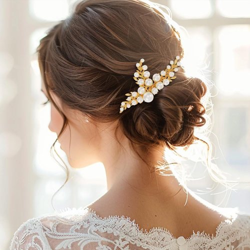 YBSHIN Bride Wedding Hair Comb Gold Pearl Headpiece Leaf Hair Pieces Bridal Side Combs Hair Accessories for Women and Girls
