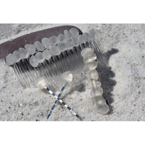 Genuine Surf Tumbled Frosted White Sea Glass Hair Clip Set - Includes 2 Hair Combs, 1 60 mm French Barrette, 2 Hair Pins