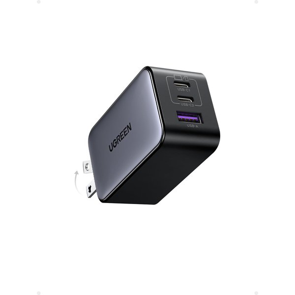 UGREEN 65W USB C Charger, Nexode 3 Ports GaN Fast Charger Block, Compact Foldable Charger for MacBook Pro/Air, Dell XPS, iPhone 16/15/14/13, iPad Pro, Galaxy S24/S23, Pixel 8, Steam Deck (Black)